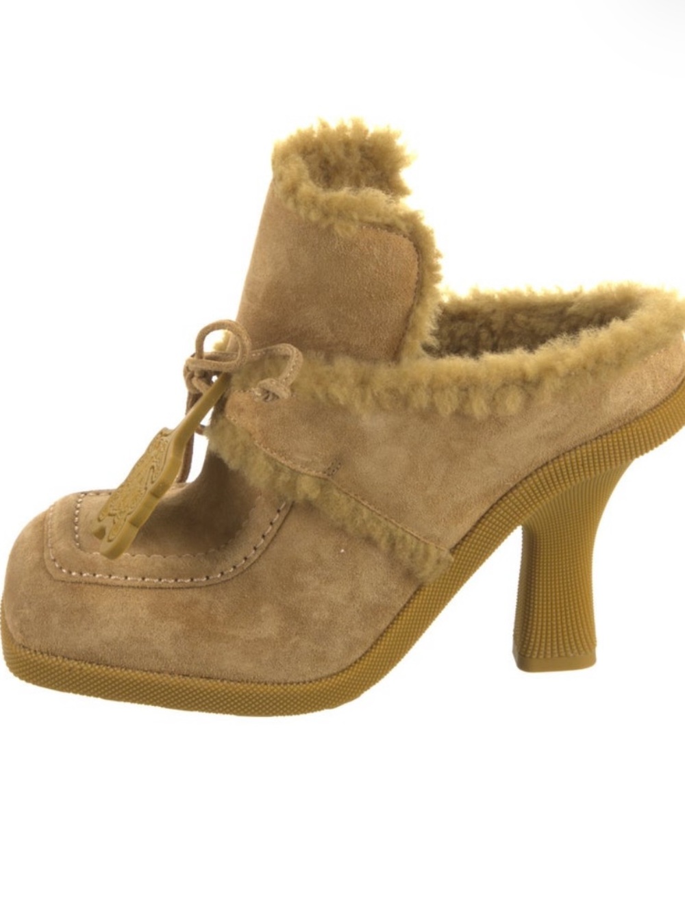 BURBERRY Tan Suede Shearling-Trim Mules